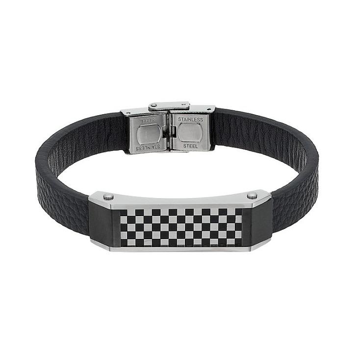 Men's Stainless Steel & Black Leather Checkerboard Bracelet, Size: 8.5