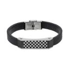Men's Stainless Steel & Black Leather Checkerboard Bracelet, Size: 8.5