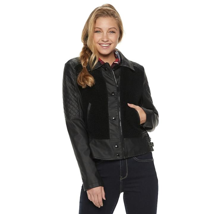 Juniors' Pink Envelope Mixed-media Faux-leather Jacket, Teens, Size: Small, Black