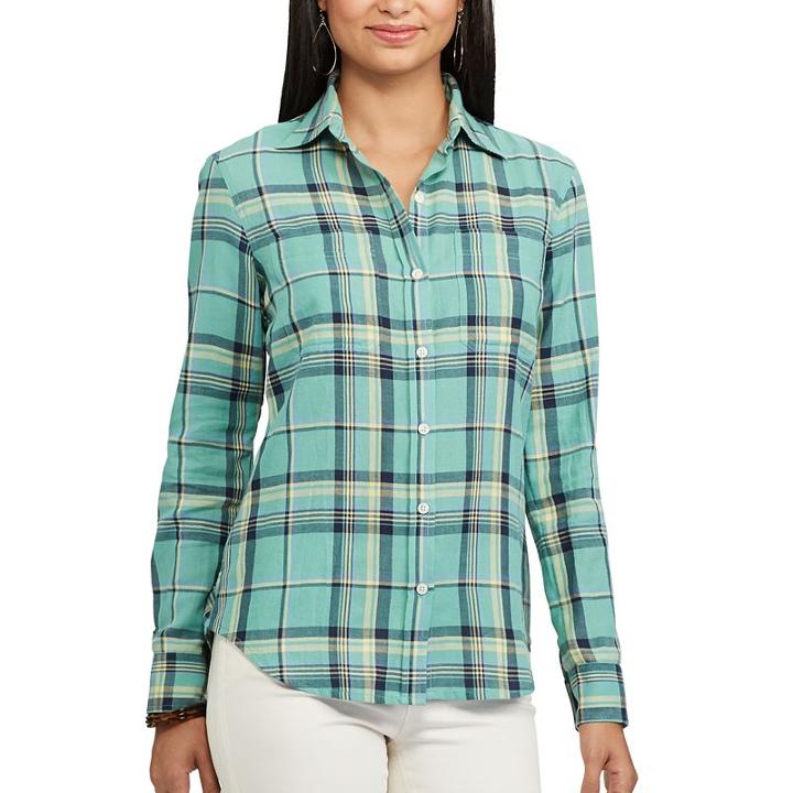 Petite Chaps Plaid Twill Shirt, Women's, Size: M Petite, Green Oth