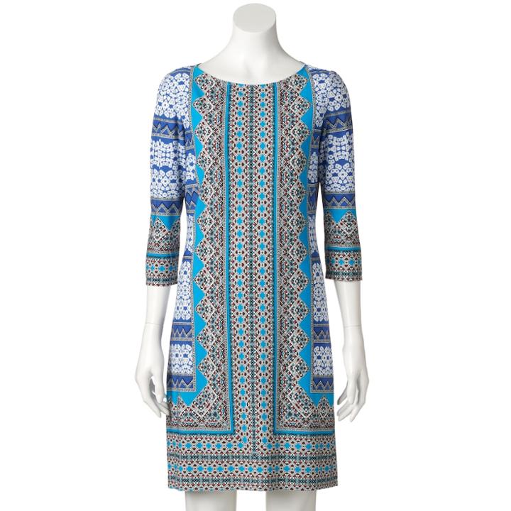 Women's Suite 7 Print Crewneck Shift Dress, Size: 16, Blue
