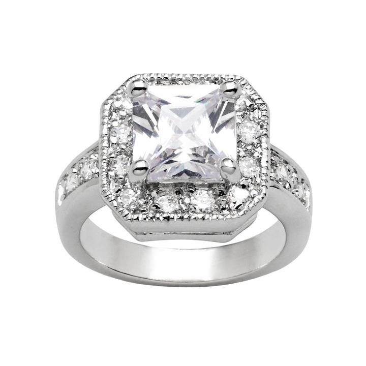 Silver Tone Simulated Crystal Textured Square Frame Ring, Women's, Size: 9, White