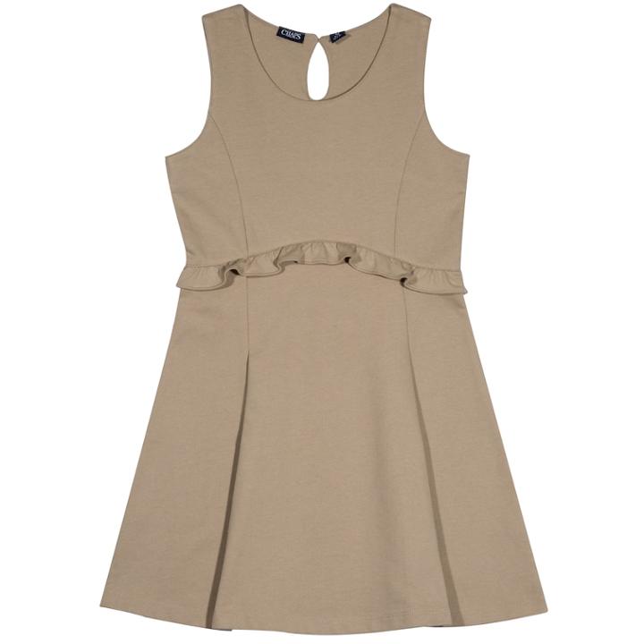 Girls 4-16 Chaps School Uniform Ruffled French Terry Jumper, Size: 5, Med Beige