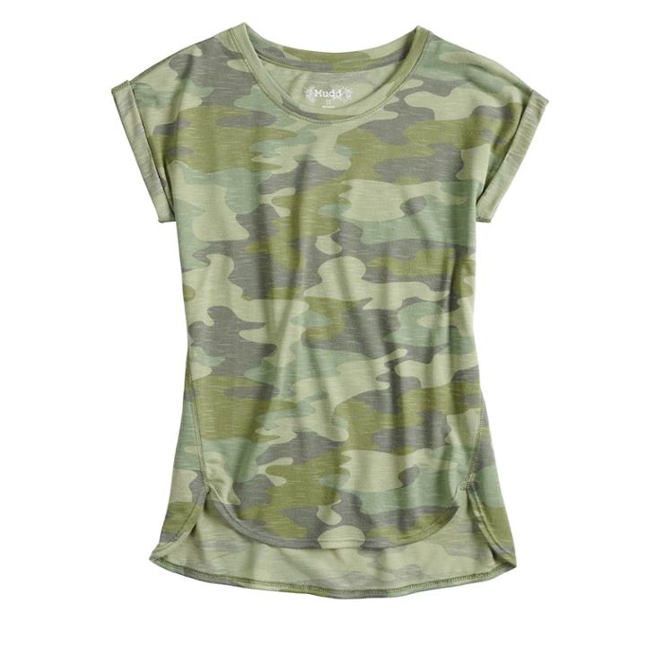Girls 7-16 & Plus Size Mudd&reg; Easy Roll Cuff Graphic Tee, Size: 10, Green (camo)