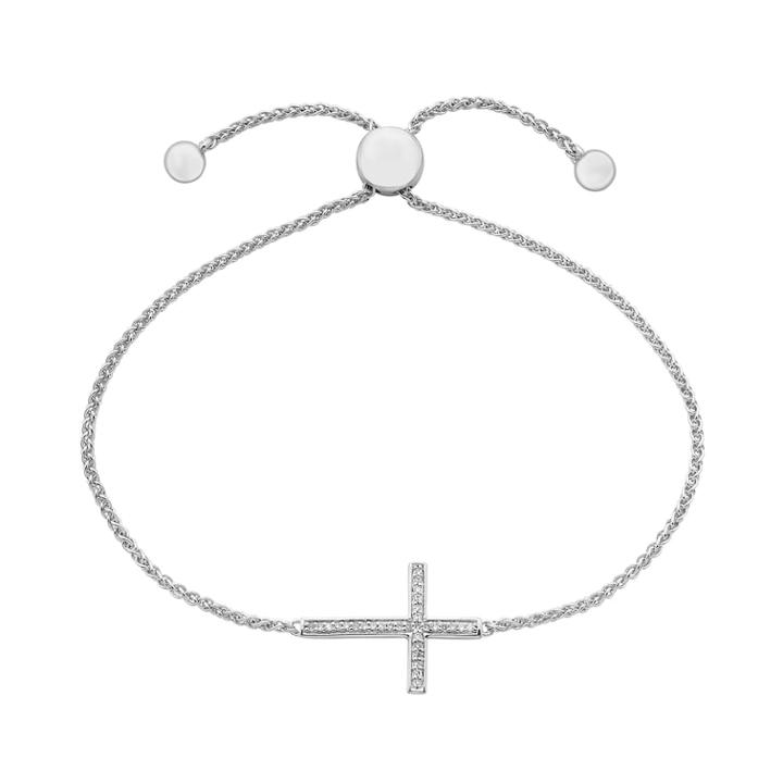 Sterling Silver 1/10 Carat T.w. Diamond Sideways Cross Bolo Bracelet, Women's, Size: 7, White