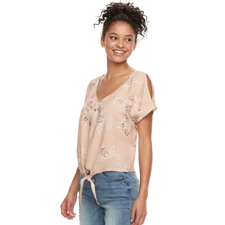 Juniors' Mudd&reg; Printed Tie-front Top, Teens, Size: Small, Lt Beige