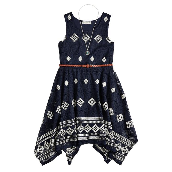Girls 7-16 Knitworks Lace Sharkbite Belted Dress & Necklace Set, Size: 10, Blue (navy)