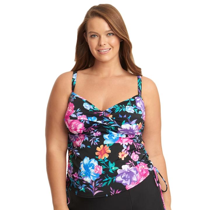 Plus Size Upstream Ruched Underwire Tankini Top, Women's, Size: 22 W, Black