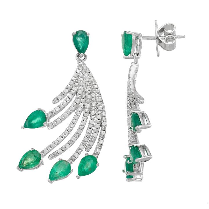 Sterling Silver Emerald & White Zircon Fan Drop Earrings, Women's, Green