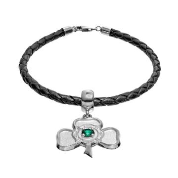 Insignia Collection Simulated Emerald Sterling Silver And Leather Irish Shamrock Maltese Cross Charm Bracelet, Women's, Size: 7.5, Multicolor