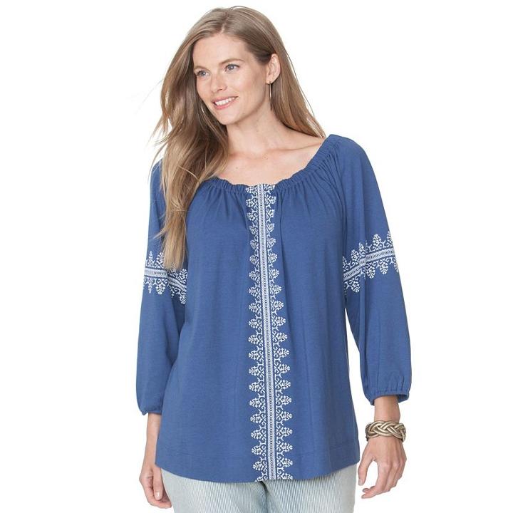 Plus Size Chaps Embroidered Peasant Top, Women's, Size: 1xl, Blue
