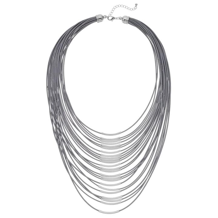 Gray Cord & Curved Bar Multi Strand Necklace, Women's, Grey