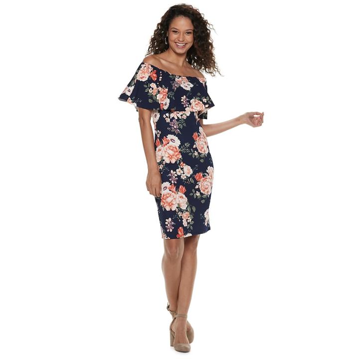 Juniors' Almost Famous Floral Off-the-shoulder Dress, Teens, Size: Large, Dark Blue