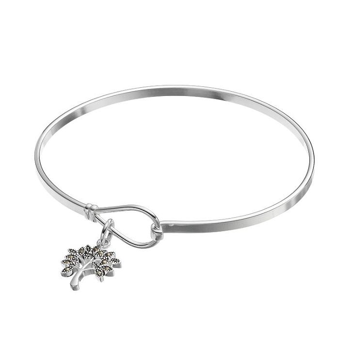 Silver Luxuries Silver Plated Marcasite Tree Charm Bangle Bracelet, Women's, Grey