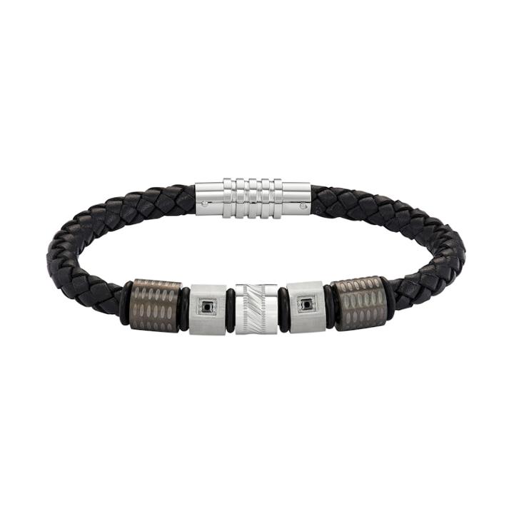 Men's Stainless Steel & Black Leather Black Cubic Zirconia Bracelet, Size: 8.5