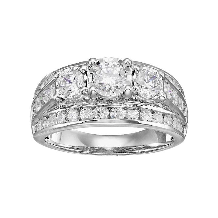 10k White Gold 2 Carat T.w. Diamond 3-stone Multi Row Engagement Ring, Women's, Size: 9