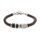 Focus For Men Brown Leather & Stainless Steel Braided Bracelet, Silver