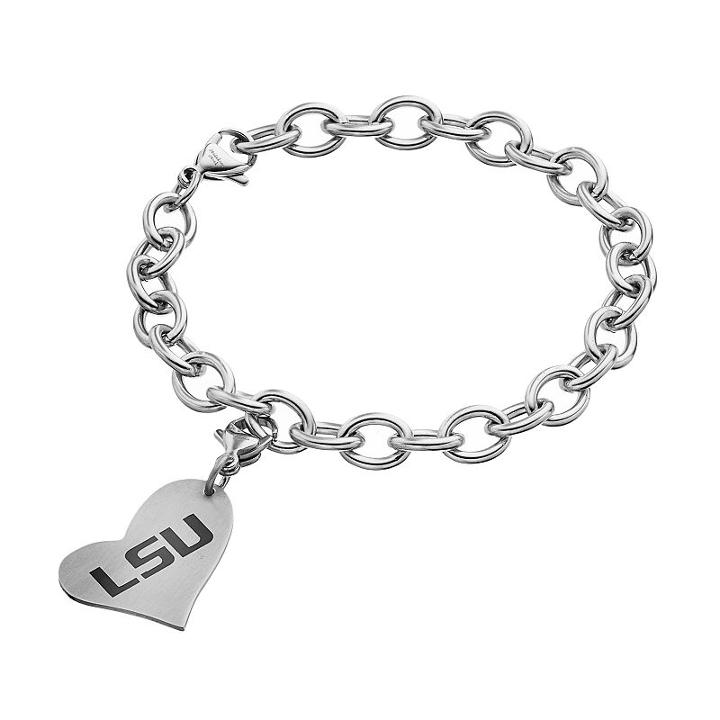 Fiora Stainless Steel Lsu Tigers Heart Charm Bracelet, Women's, Size: 8, Grey