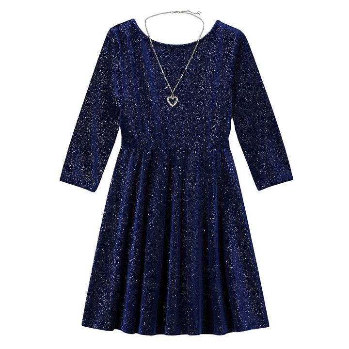 Girls Plus Size Lilt Glitter Velvet 3/4-length Sleeve Skater Dress With Necklace, Girl's, Size: 16 1/2, Blue (navy)