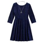 Girls Plus Size Lilt Glitter Velvet 3/4-length Sleeve Skater Dress With Necklace, Girl's, Size: 16 1/2, Blue (navy)