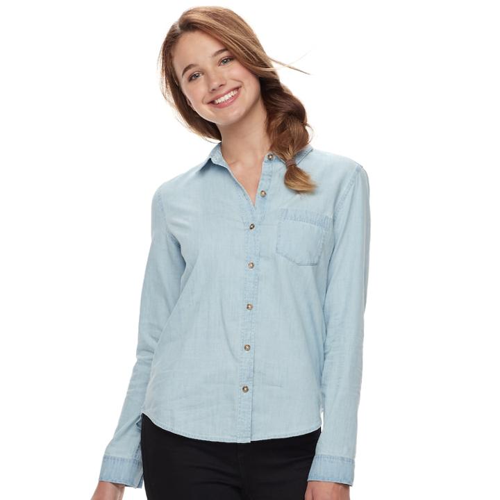 Juniors' So Long Sleeve Button Front Shirt, Teens, Size: Xl, Med Blue