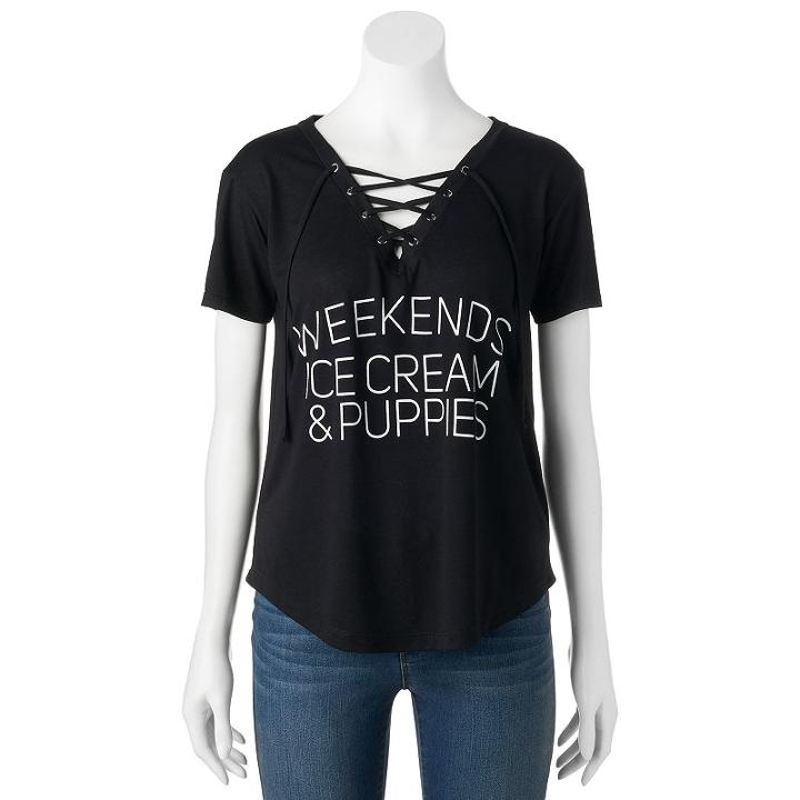 Juniors' Fifth Sun Weekends Lace-up Graphic Tee, Girl's, Size: Small, Black