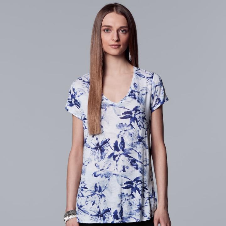 Women's Simply Vera Vera Wang Printed V-neck Tee, Size: Xl, Blue