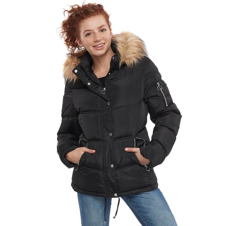 Juniors' Madden Nyc Faux-fur Short Puffer Jacket, Teens, Size: Xl, Black