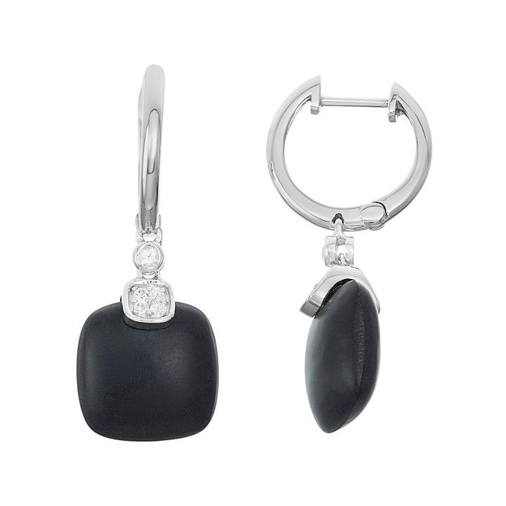Sterling Silver Onyx & White Topaz Hoop Drop Earrings, Women's, Black
