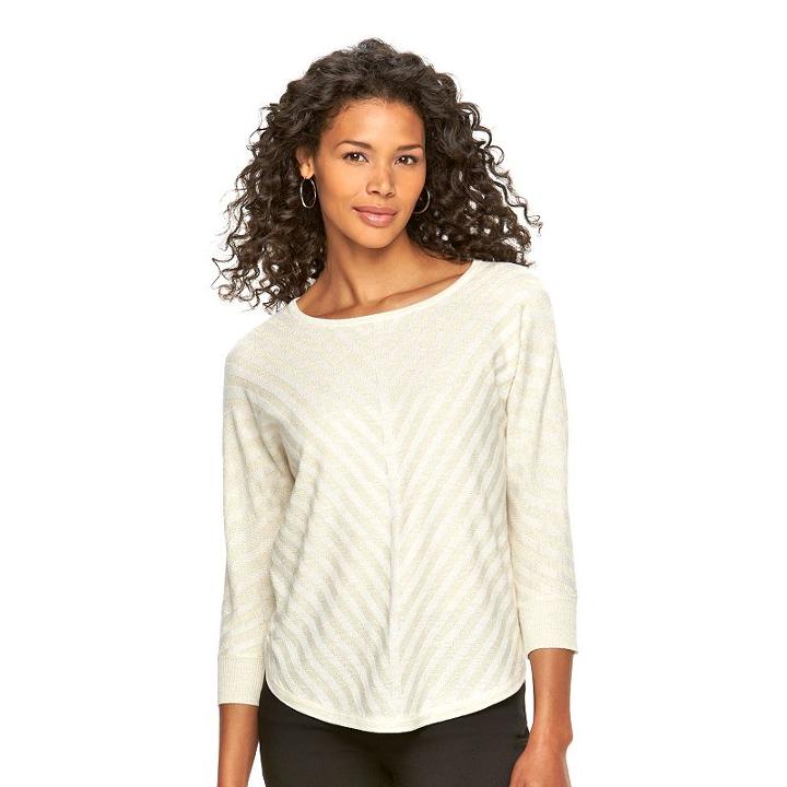 Women's Dana Buchman Mitered-stripe Scoopneck Sweater, Size: Large, White Oth