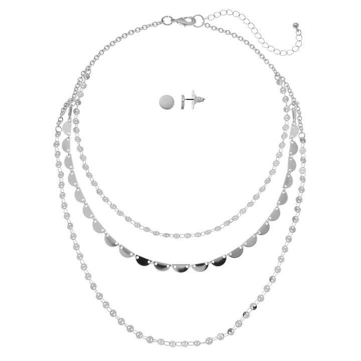 Disc & Semi-circle Nickel Free Swag Necklace & Disc Stud Earring Set, Women's, Silver