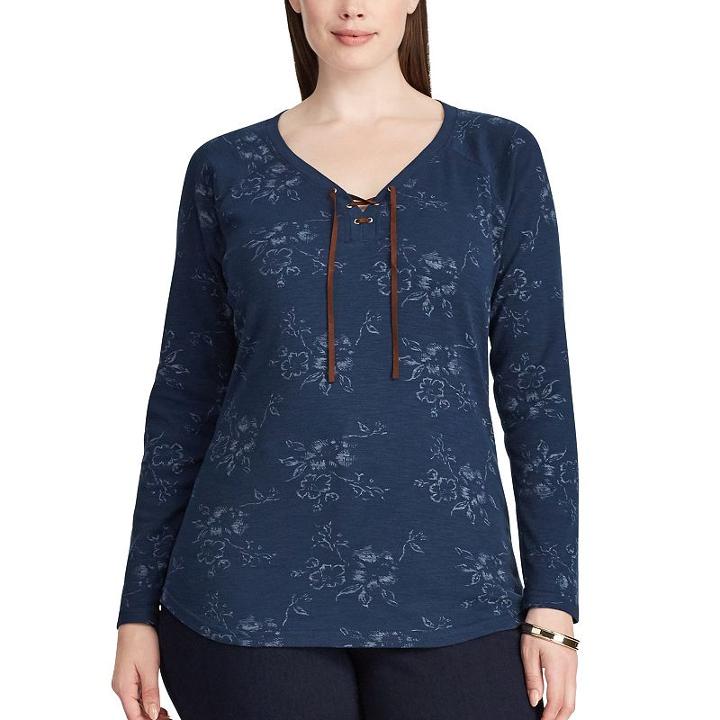 Plus Size Chaps Cotton Lace-up Tee, Women's, Size: 2xl, Blue (navy)
