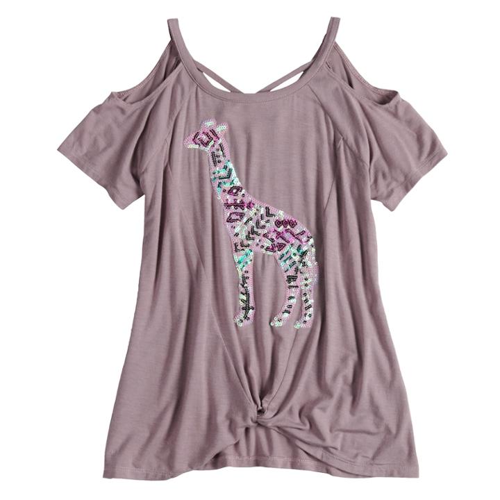 Girls 7-16 Miss Chievous Sequin Applique Twist Front Cold Shoulder Top, Size: Large, Lt Purple