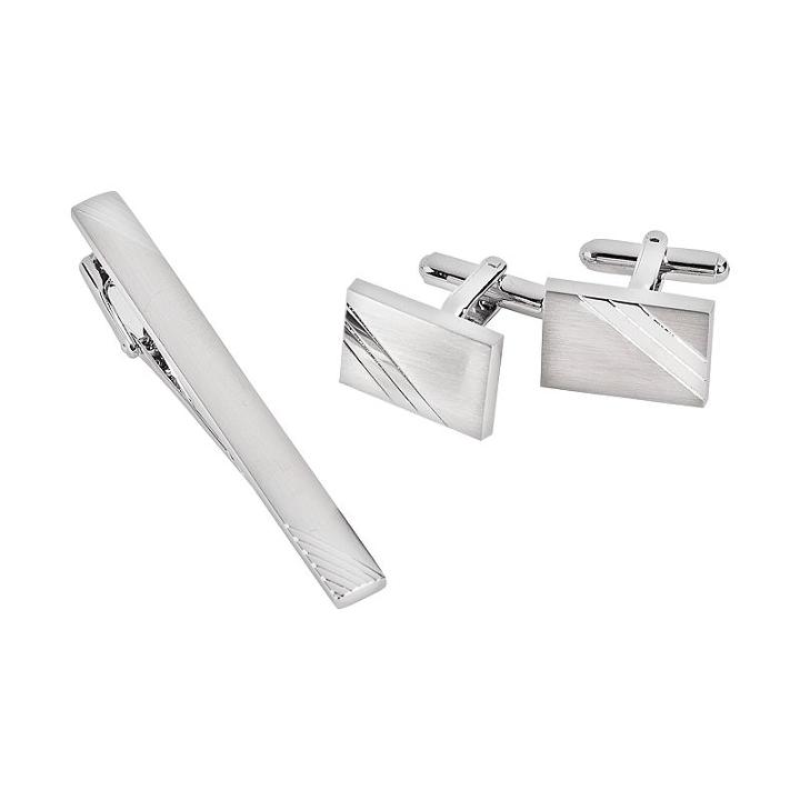 Rhodium-plated Stripe Cuff Links And Tie Bar Set, Men's, Grey