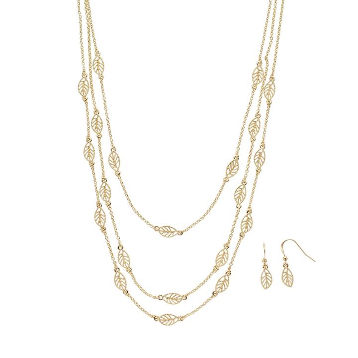 Filigree Leaf Gold-tone Multistrand Necklace & Drop Earring Set, Women's, Gold