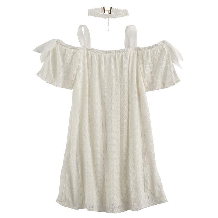 Girls 7-16 My Michelle Crochet Off Shoulder Trapeze Dress With Chocker Necklace, Size: 7, White Oth