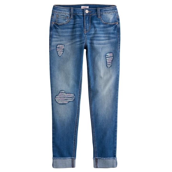 Girls 7-16 & Plus Size So&reg; Sequin Destruction Girlfriend Jeans, Size: 12 1/2, Med Blue