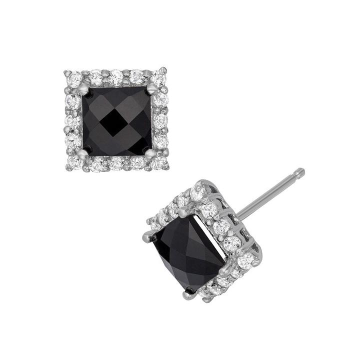 Sterling Silver Onyx And Lab-created White Sapphire Square Halo Stud Earrings, Women's, Black
