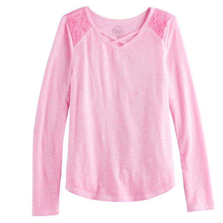 Girls 7-16 So&reg; Lace Shoulder Criss-cross Neck Tee, Size: 12, Med Pink