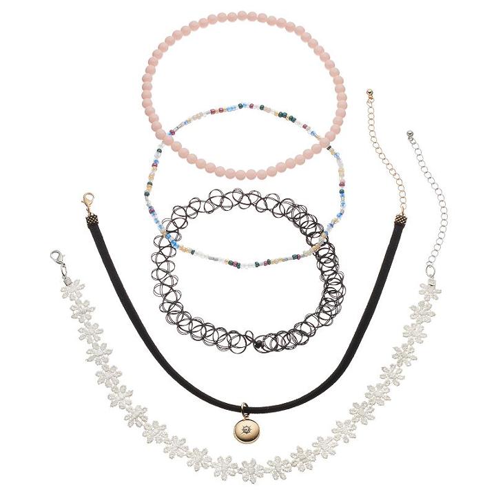 Mudd&reg; Flower, Faux Suede, Tattoo & Beaded Choker Necklace Set, Teens, Multicolor