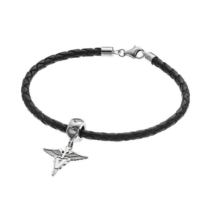 Logoart Sterling Silver & Leather V Caduceus Veterinarian Charm Bracelet, Women's, Size: 7.5, Grey