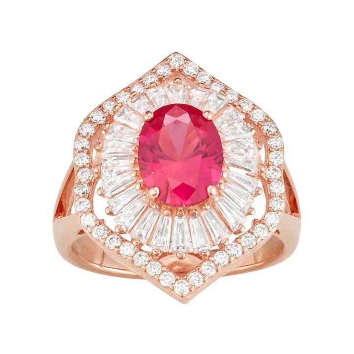14k Rose Gold Over Silver Lab-created Ruby & White Sapphire Baguette Halo Ring, Women's, Size: 7, Red