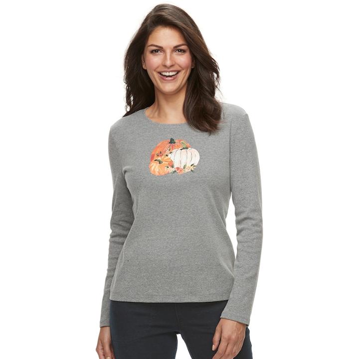 Petite Croft & Barrow&reg; Harvest Motif Long Sleeve Top, Women's, Size: M Petite, Med Grey