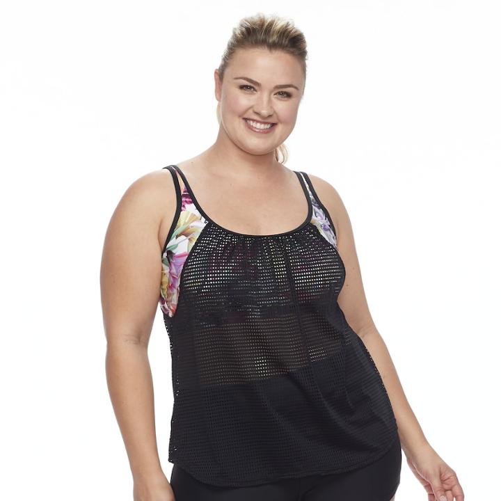 Plus Size N Mesh Double Up Waist Minimizer Tankini Top, Women's, Size: 1xl, Black Pink Floral