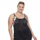 Plus Size N Mesh Double Up Waist Minimizer Tankini Top, Women's, Size: 1xl, Black Pink Floral