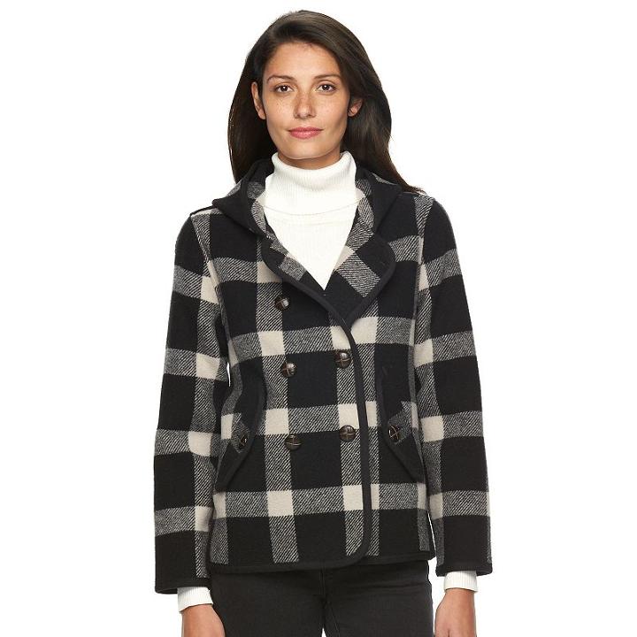 Women's Woolrich Century Hooded Plaid Wool Blend Peacoat, Size: Large, Oxford