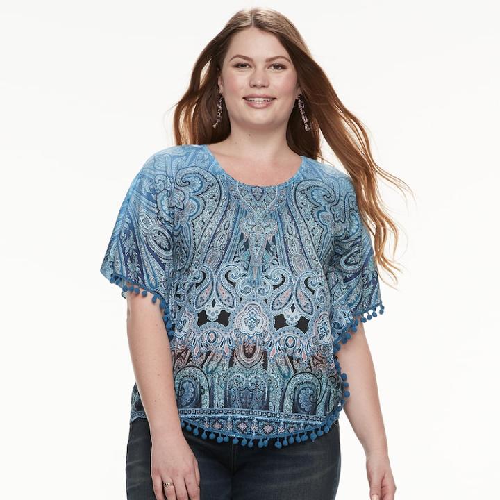 Plus Size World Unity Printed Tassel Poncho Top, Women's, Size: 2xl, Blue