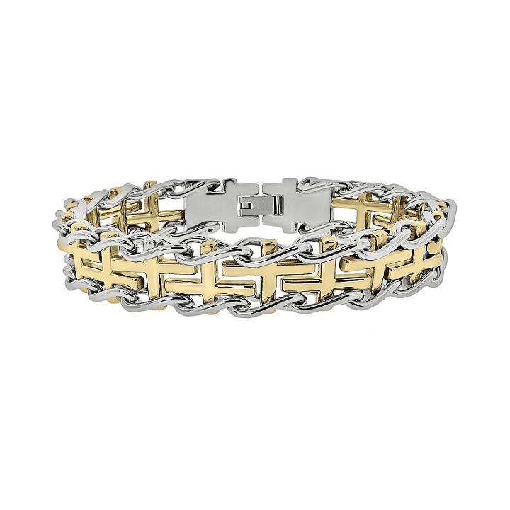 Lynx Stainless Steel Two Tone Sideways Cross Railroad Bracelet - Men, Size: 8.5, Multicolor
