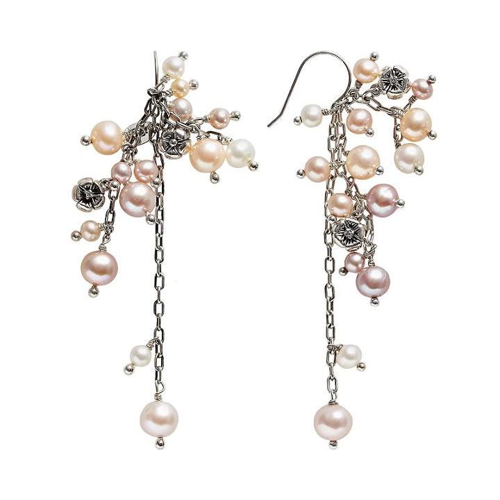 Lyric Sterling Silver Pink Cultured Freshwater Pearl And Diamond Accent Flower Cluster Drop Earrings, Women's, Multicolor