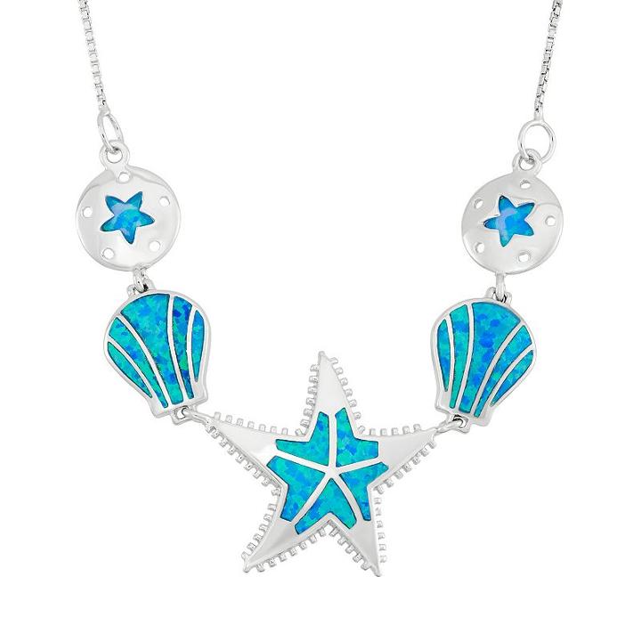 Lab-created Blue Opal Sterling Silver Starfish & Shell Necklace, Women's, Size: 18